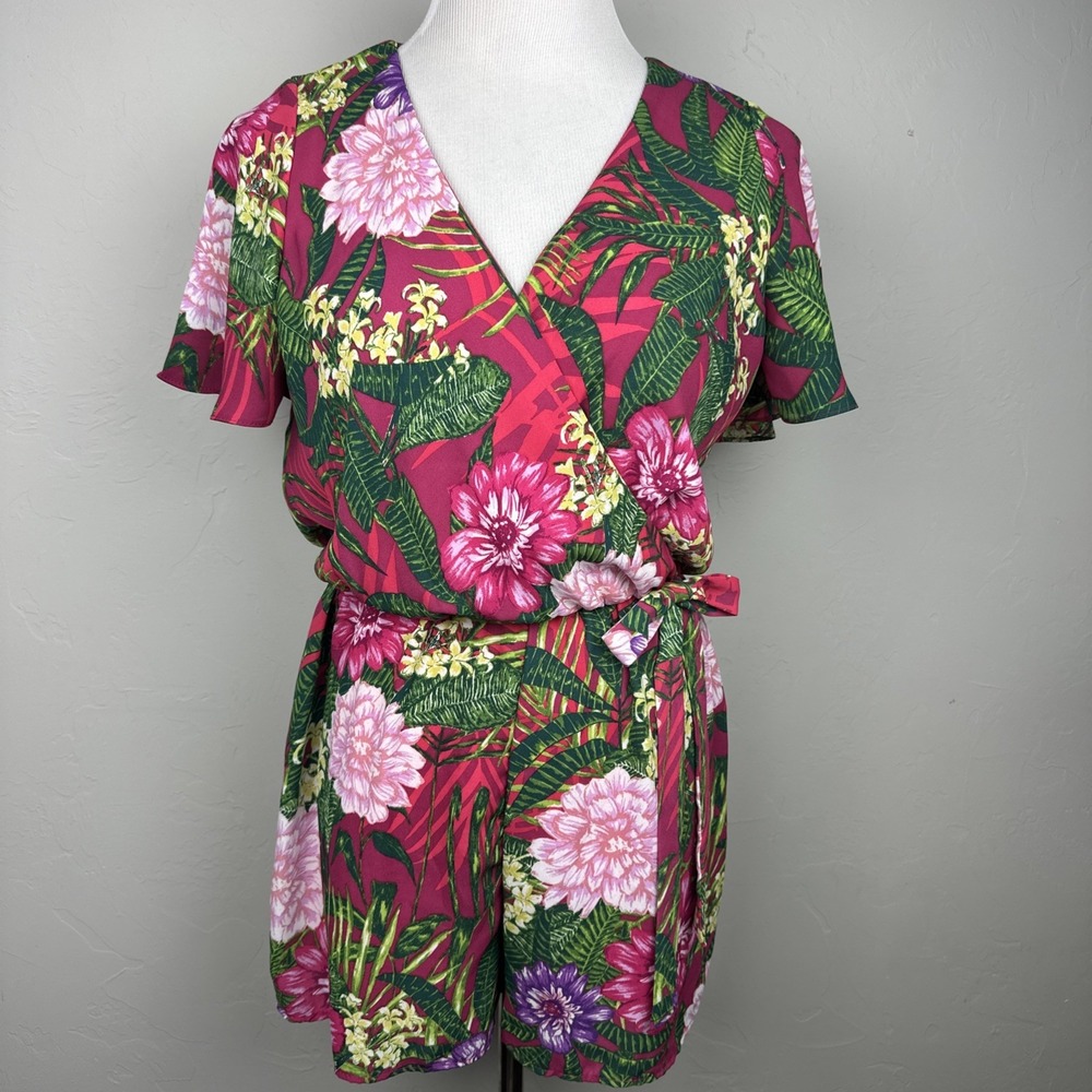 Everly Tropical Floral Romper Womens Small Pink Wrap Tie Waist Short Sleeve